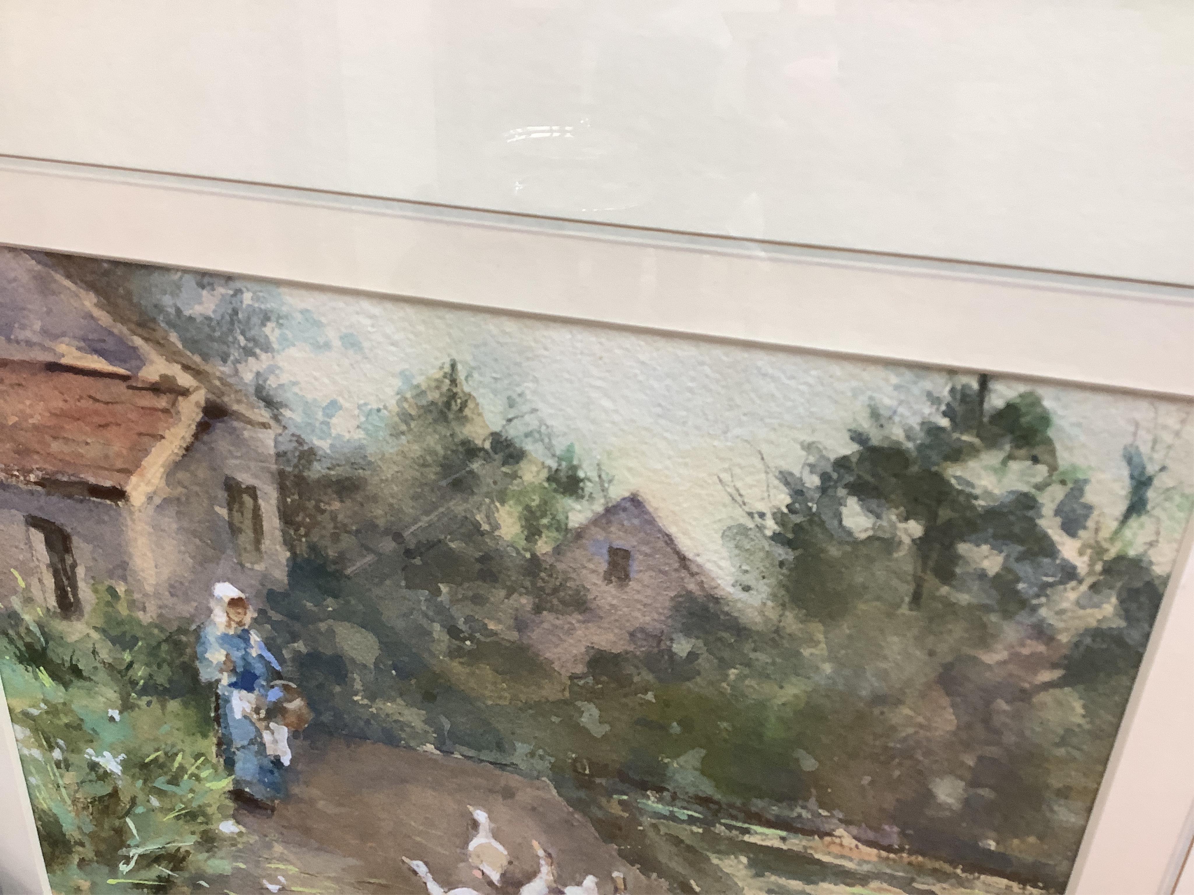 E.A. W…, Feeding the ducks, indistinctly signed lower right, watercolour, 20 x 27cm